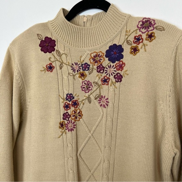 Vintage Alfred Dunner Knit Sweater- Floral Embroidery Mock Neck Wool Blend - Picture 2 of 9